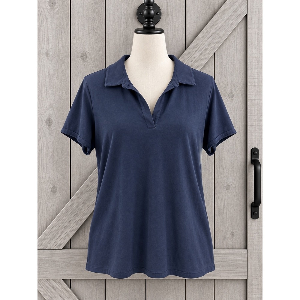 J.Jill Fit Cotton Stretch Polo Shirt Size XL Navy Blue Short Sleeve V-Neck